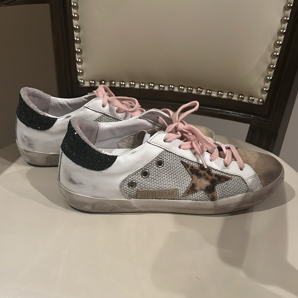 Golden Goose White Sneakers with Pink Laces and Black Heel